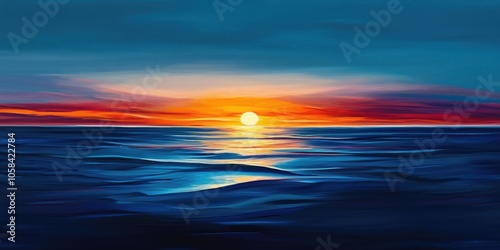 A sunset casts its vibrant colors across the deep blue ocean, creating stunning reflections on the waters surface. The scene showcases the beauty of nature.