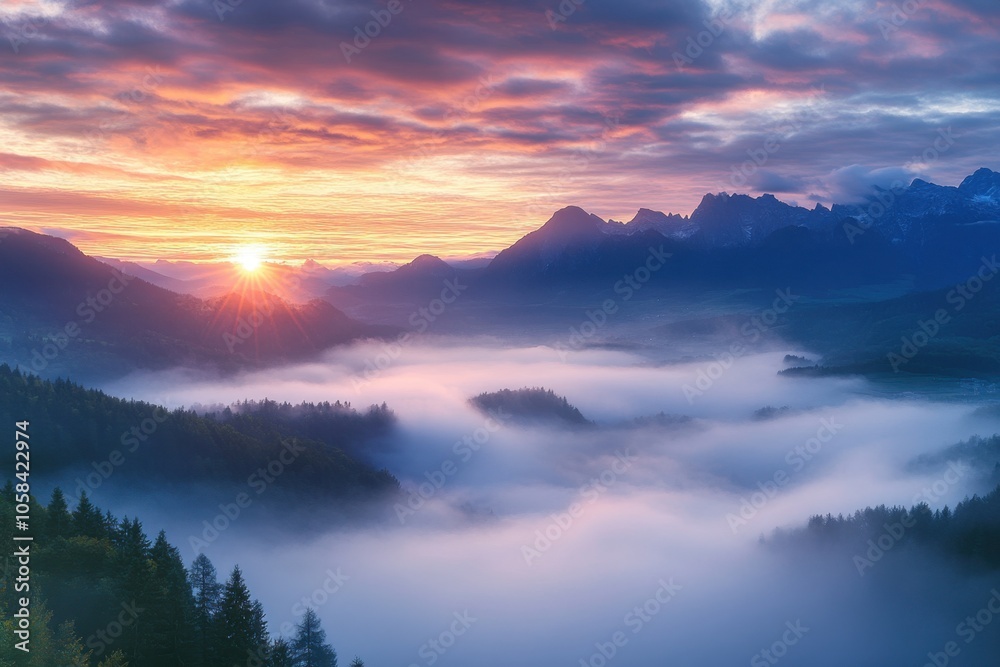 Obraz premium A panoramic view of a beautiful valley covered in a blanket of low-lying clouds, with mountain peaks rising above the mist, creating a mystical and enchanting landscape at dawn.