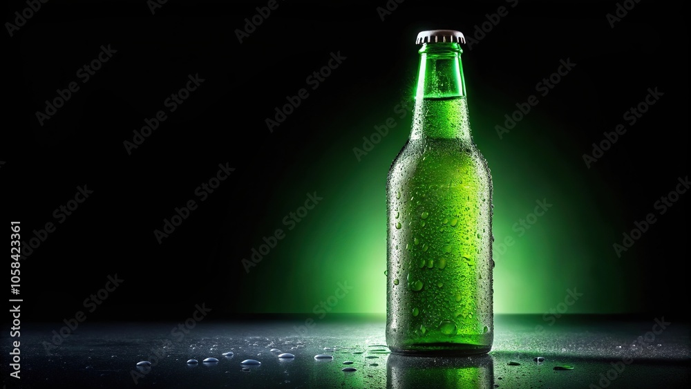green beer bottle with water drop against black background green beer bottle with water drop against black background