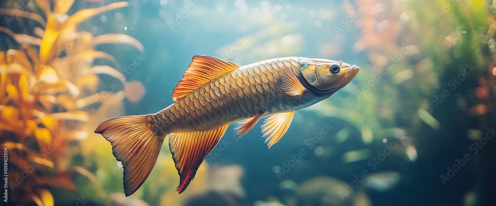 Naklejka premium A single golden fish with orange fins swimming in an aquarium.
