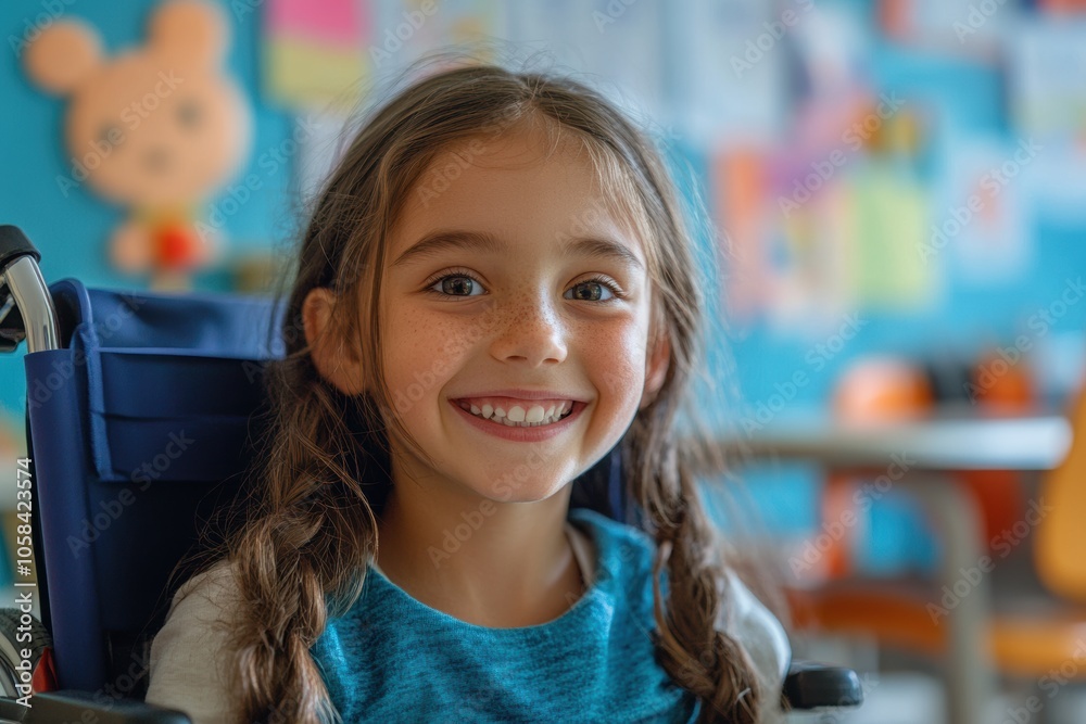 Girl in wheelchair at school, cheerful student smiling and learning, inclusion in education Girl in wheelchair at school, cheerful student smiling and learning, inclusion in education