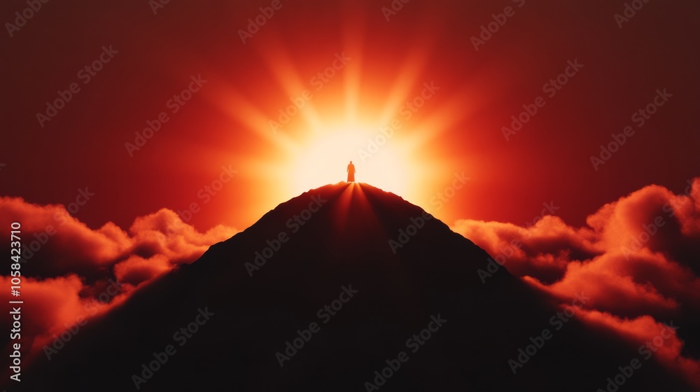 Jesus standing on a mountain, looking over the Promised Land, symbolic of strength and leadership. Jesus standing on a mountain, looking over the Promised Land, symbolic of strength and leadership.