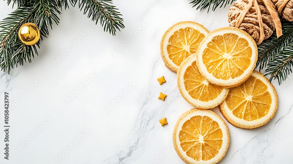 Christmas Decoration with Dried Orange Slices and Pine Branches on White Marble Background Abstract Gradient Background with Copy Space Christmas Decoration with Dried Orange Slices and Pine Branches on White Marble Background Abstract Gradient Background with Copy Space