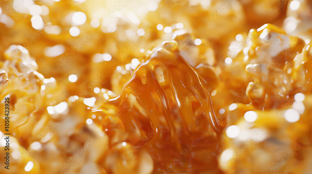 Close-Up of Popcorn Drizzled With Caramel, Focused on the Sweet, Sticky Coating on the Fluffy Kernels Close-Up of Popcorn Drizzled With Caramel, Focused on the Sweet, Sticky Coating on the Fluffy Kernels