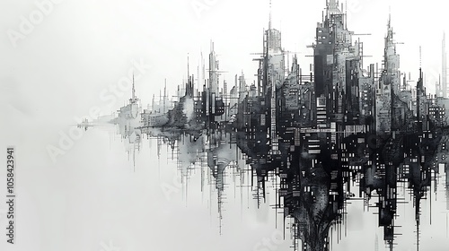 An intricate black ink sketch of a city skyline, presented on a bright white background, showcasing fine details and line work.