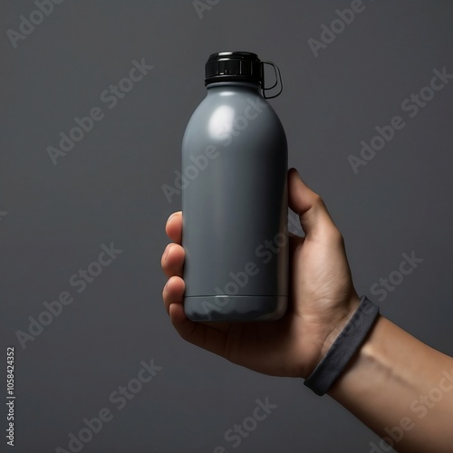 Mockup gray water bootle with hand,AI generate images photo