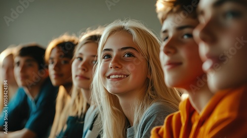 A group of teenagers look intently at something off-camera, with one girl smiling brightly in the foreground.