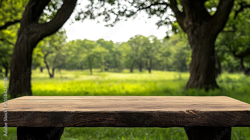 Wooden Tabletop With Blurred Green Forest Background For Product Display Simple Neutral Background with Free Space for Design Wooden Tabletop With Blurred Green Forest Background For Product Display Simple Neutral Background with Free Space for Design