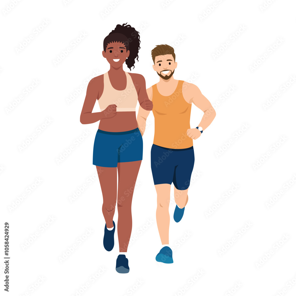 Man and woman is engaged in fitness. Morning jogging. Flat vector illustration isolated on white background Man and woman is engaged in fitness. Morning jogging. Flat vector illustration isolated on white background