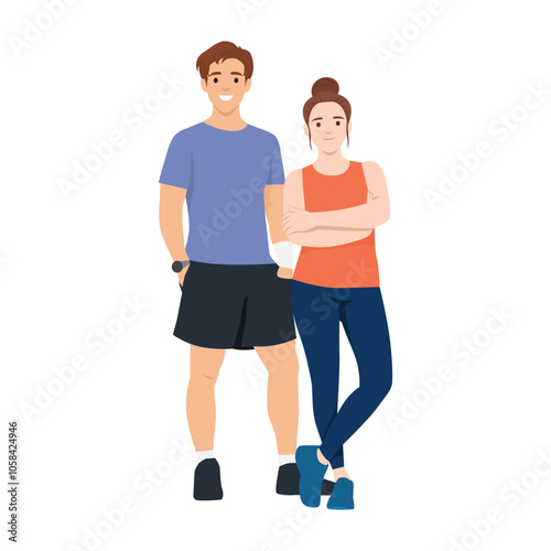 Young beautiful couple working out. Flat vector illustration isolated on white background