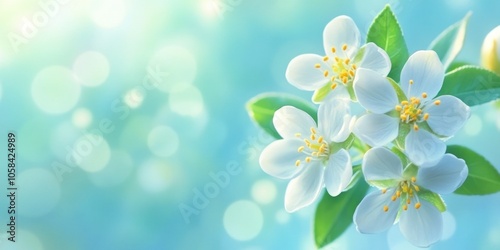 A serene close-up of white flowers against a soft blue background with bokeh effects.