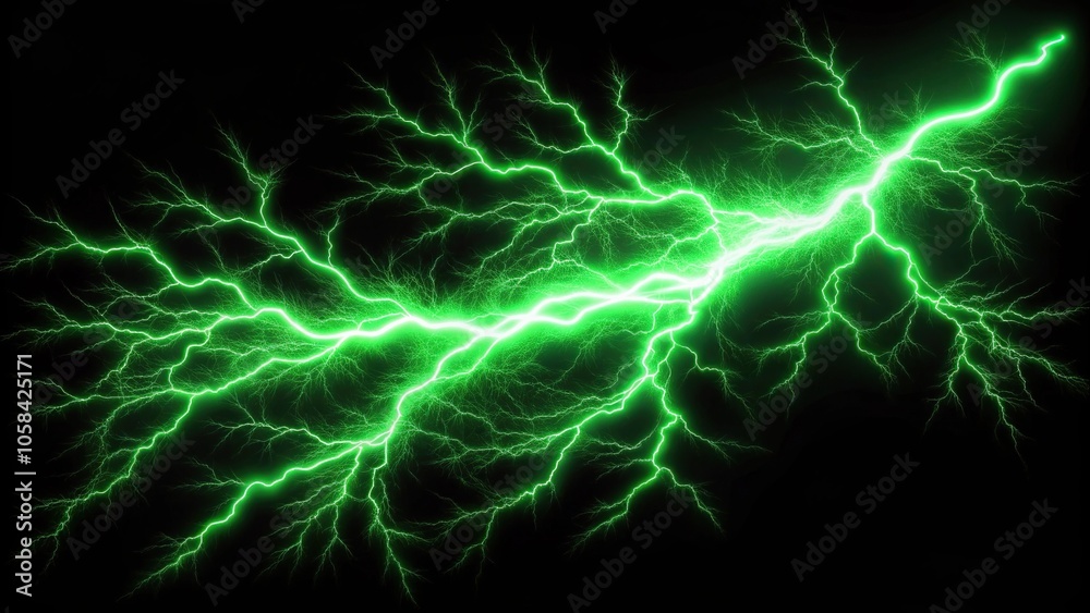 Green lightning striking in dramatic black background from a high angle view Green lightning striking in dramatic black background from a high angle view