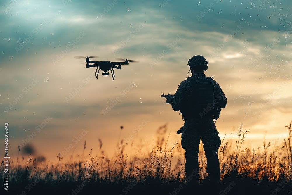 Silhouette of soldier using drone for military combat or scouting operation.
