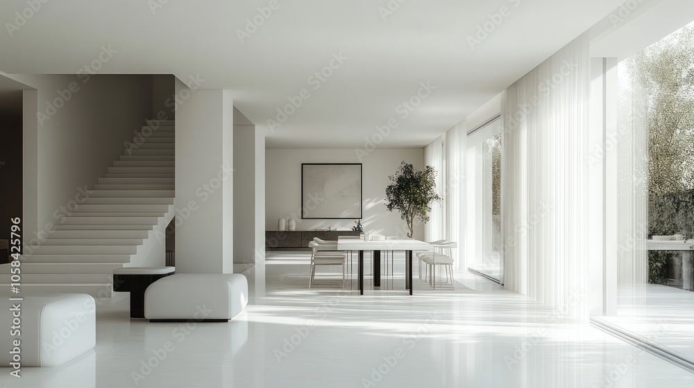 Fototapeta premium Modern, minimalist interior with natural light and greenery.