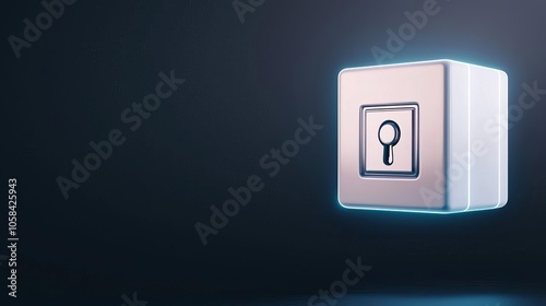 Digital safe lock glowing with holographic lines, mid-air with soft blue tones, dark neutral backdrop, showcasing privacy in a connected digital space