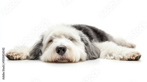 A fluffy dog resting peacefully on a white background, showcasing its adorable face and soft fur in a calm and serene pose.