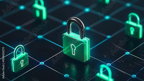 Encrypted data flow represented by glowing locks on a network grid, soft blue and green colors, sophisticated minimalistic background, emphasizing seamless data security