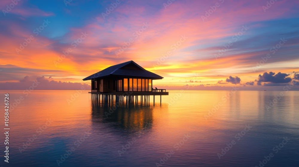 Floating House on Stilts in Serene Water at Sunset Floating House on Stilts in Serene Water at Sunset