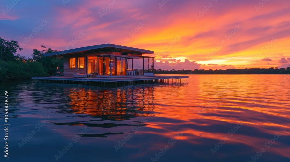 Floating House on Stilts at Sunset Over Water Floating House on Stilts at Sunset Over Water