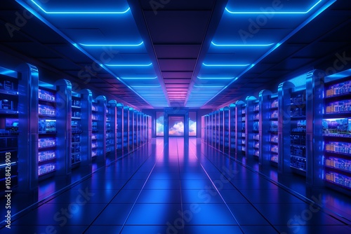 Futuristic server room illuminated by vibrant blue and purple LED lights in a modern data center