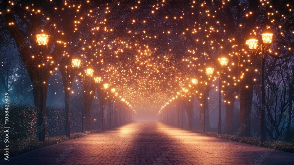 A misty path lined with trees adorned with twinkling lights creating a magical, romantic atmosphere. A misty path lined with trees adorned with twinkling lights creating a magical, romantic atmosphere.