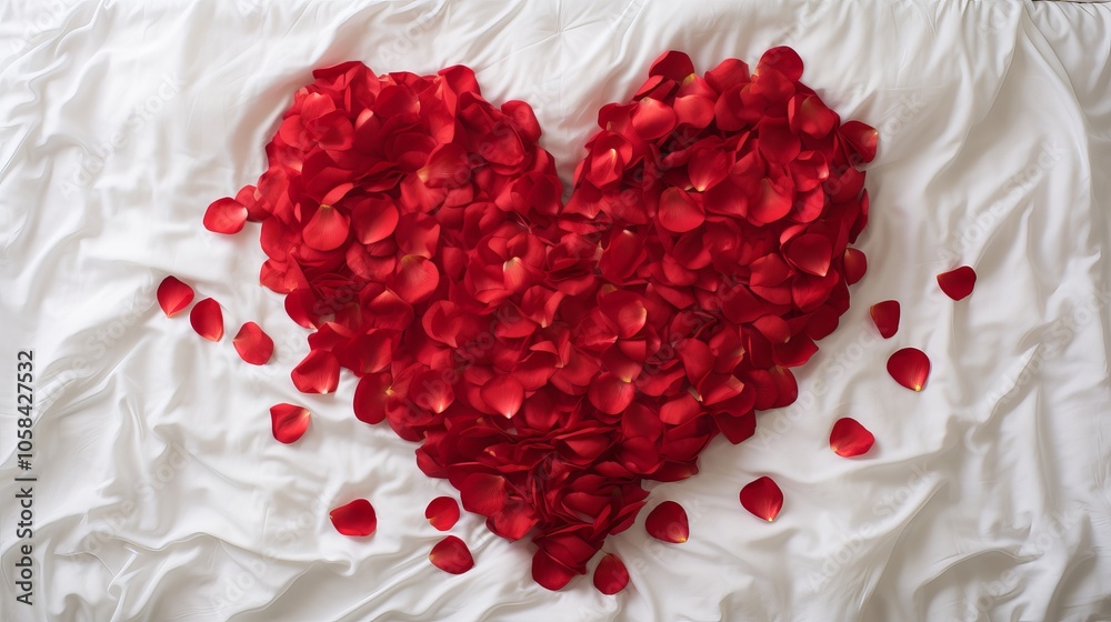 Heart-shaped arrangement of rose petals on a white bedspread for a romantic setting Heart-shaped arrangement of rose petals on a white bedspread for a romantic setting