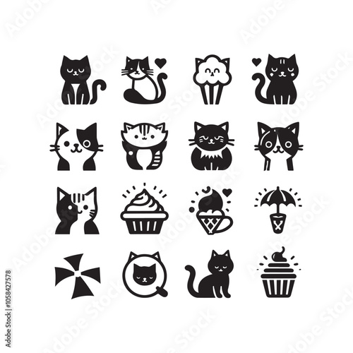 cat icon set black and white
