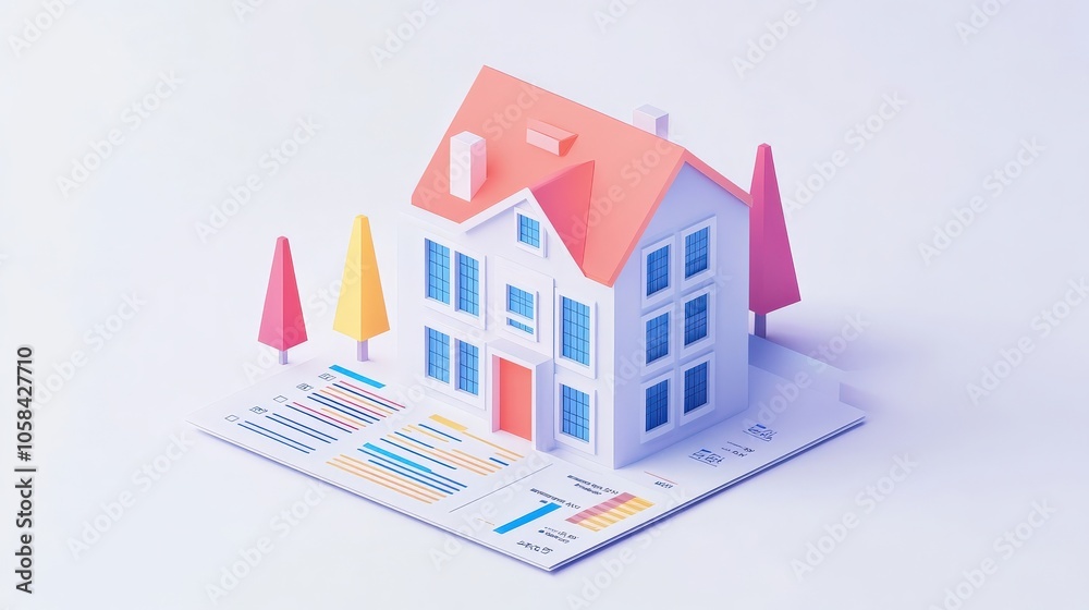 Colorful paper house model with trees on charts, representing real estate, architecture, and business concepts. Minimalist and creative design. Colorful paper house model with trees on charts, representing real estate, architecture, and business concepts. Minimalist and creative design.