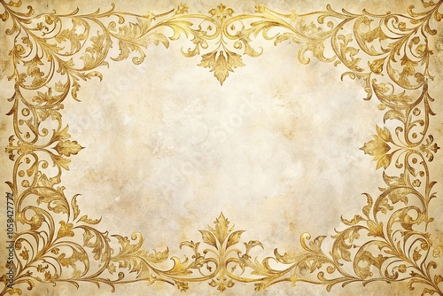 Distressed gold leaf print on a creamy white background featuring ornate frames and delicate filigree, frame, vintage, cream, white, distressed