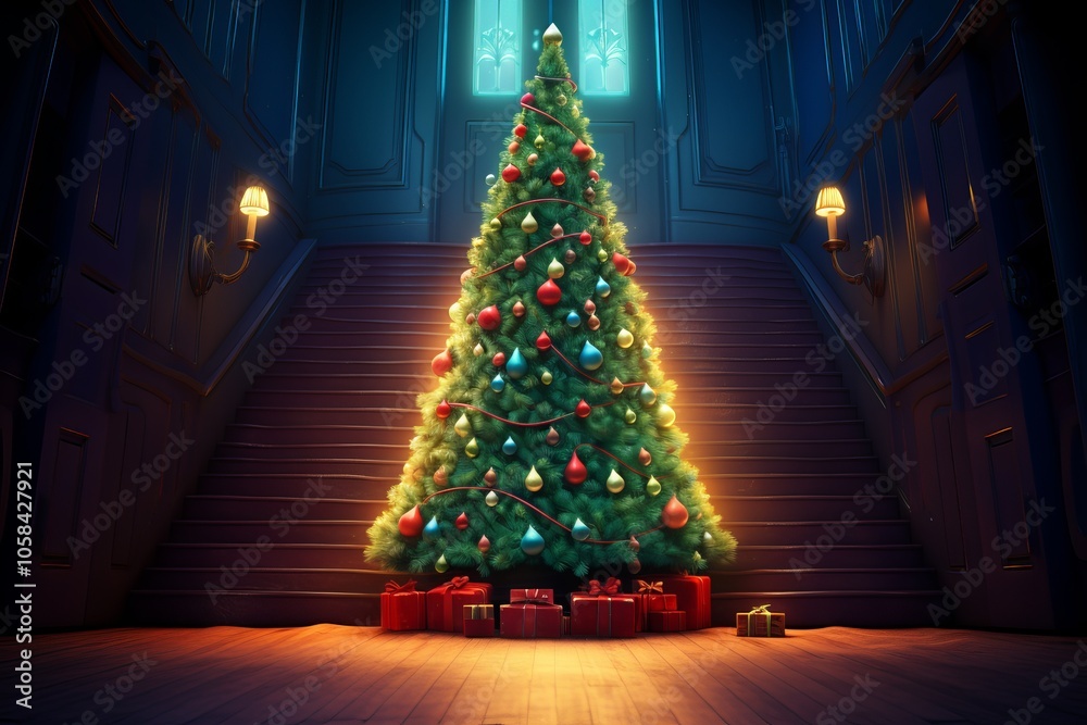 A beautifully decorated Christmas tree with presents under it in a festive room at night A beautifully decorated Christmas tree with presents under it in a festive room at night