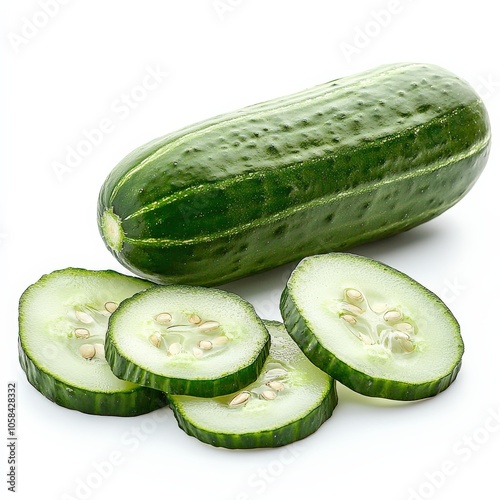 Fresh cucumber with slices isolated on white background, showcasing vibrant green color and crunchy texture.