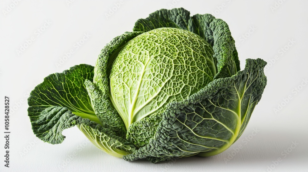 Fototapeta premium Fresh green cabbage with textured leaves, showcasing its natural beauty and healthy appeal on a white background.