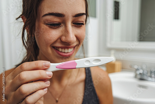 Young woman with a positive pregnancy test, happy news photo