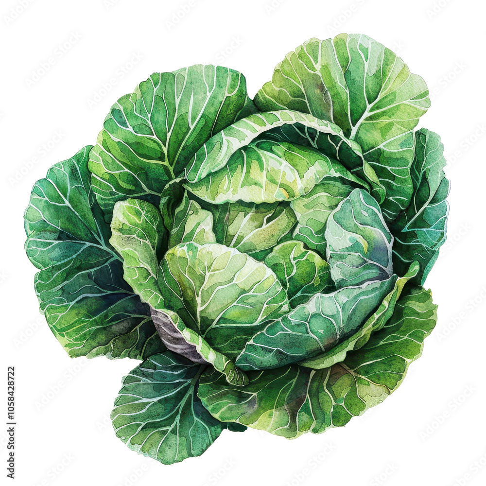 Watercolor Painting of a Fresh Green Cabbage Watercolor Painting of a Fresh Green Cabbage