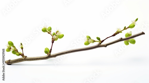 Newly sprouted branch with green leaves and delicate flowers against a white background