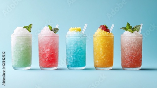 Colorful Icy Granitas in Glass Cups on Blue Background photo