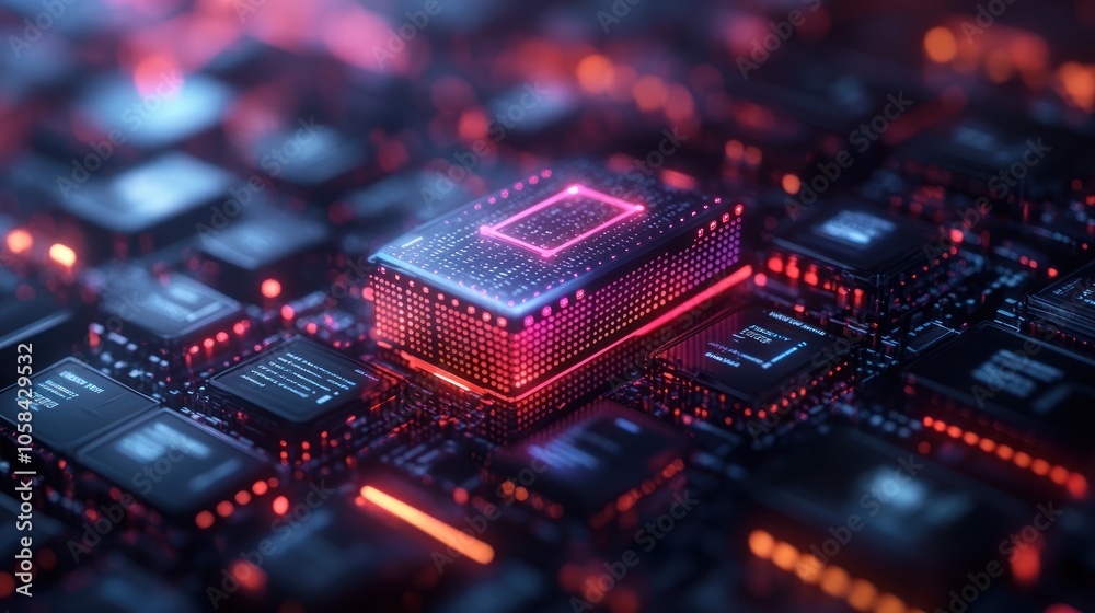 Close-up of a microchip on a circuit board with glowing elements. Close-up of a microchip on a circuit board with glowing elements.