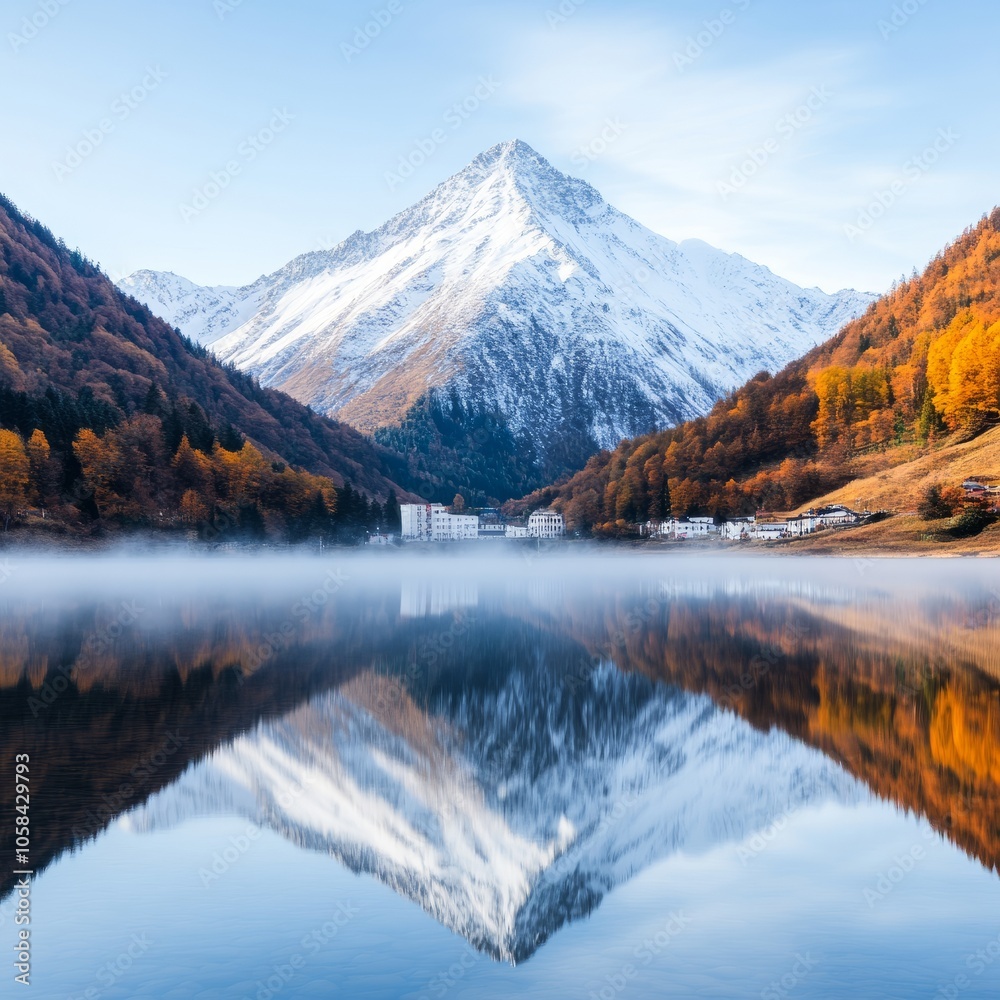 Obraz premium A mountain with snow-capped peak reflected in a still lake with autumn trees on the slopes.