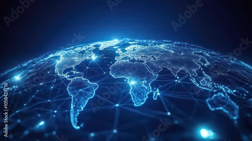 A digital representation of Earth with interconnected networks highlighting global connectivity.