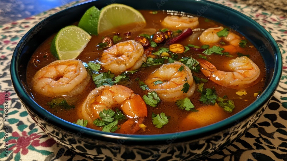 Shrimp Soup with Lime and Spices in Colorful Bowl