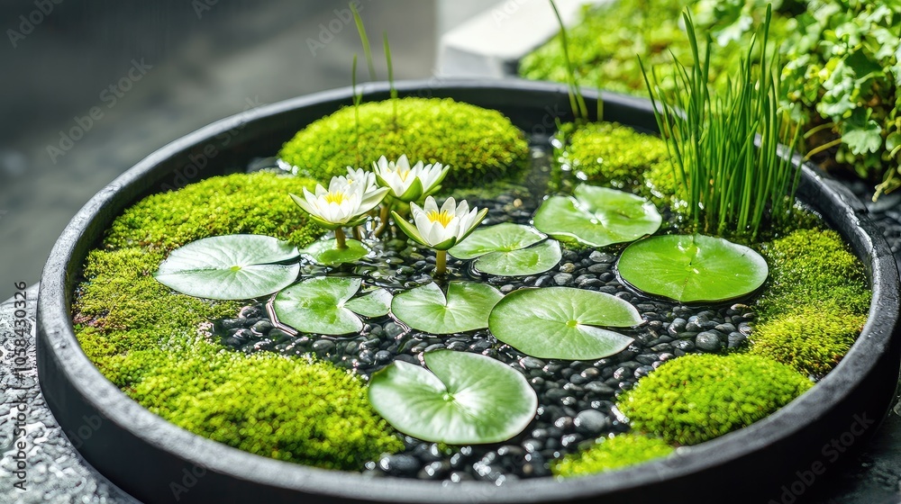 Wet tray garden close-up with lush moss, delicate lily pads, and small pebbles, creating a peaceful water ambiance