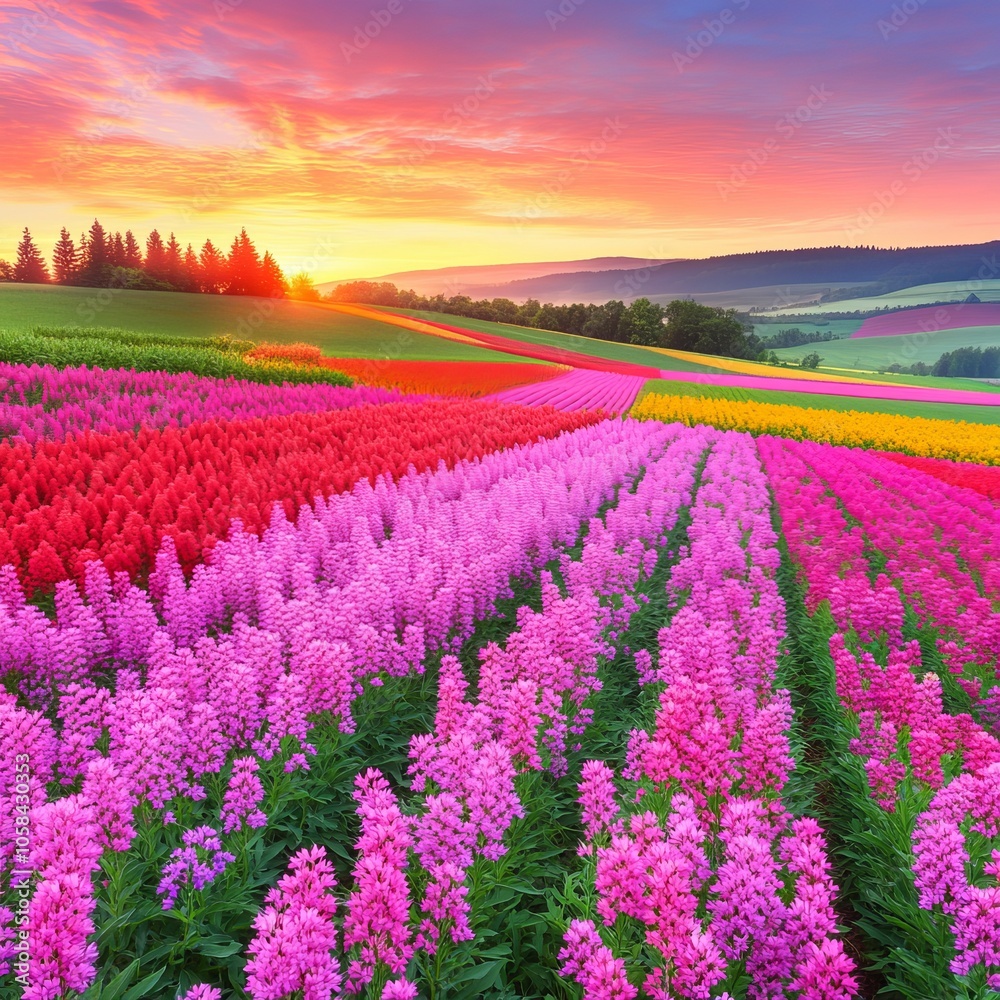 Fototapeta premium A vibrant sunrise over a field of colorful flowers.