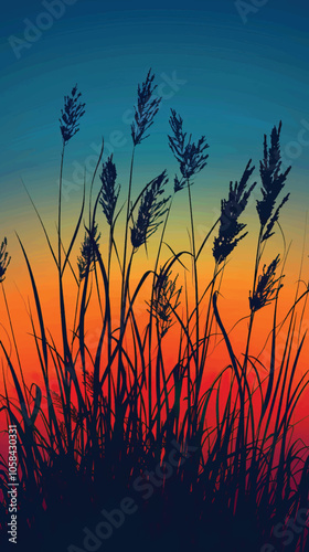 A silhouette of tall grass against the sunset. silhouette illustration