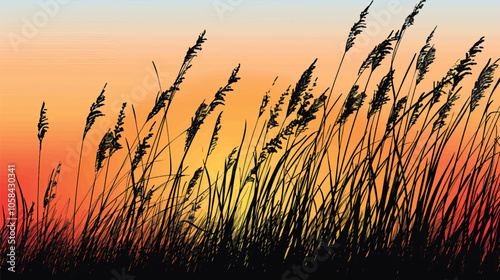 A silhouette of tall grass against the sunset. silhouette illustration