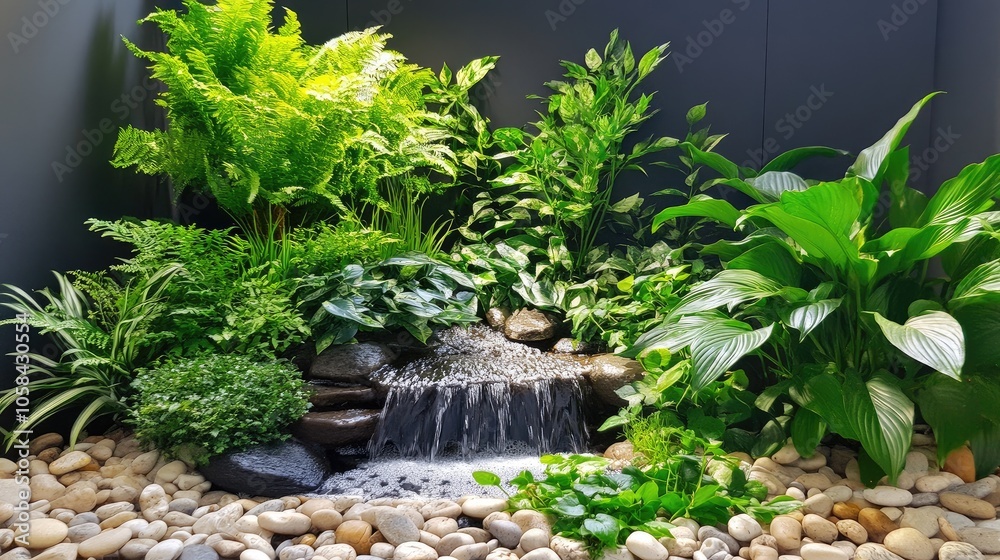 Wet tray garden with a mini waterfall, pebbles, and lush greenery, arranged for a tranquil, refreshing look Wet tray garden with a mini waterfall, pebbles, and lush greenery, arranged for a tranquil, refreshing look