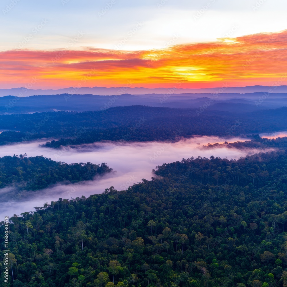 Aerial view of a misty forest at sunrise with colorful sky. Aerial view of a misty forest at sunrise with colorful sky.