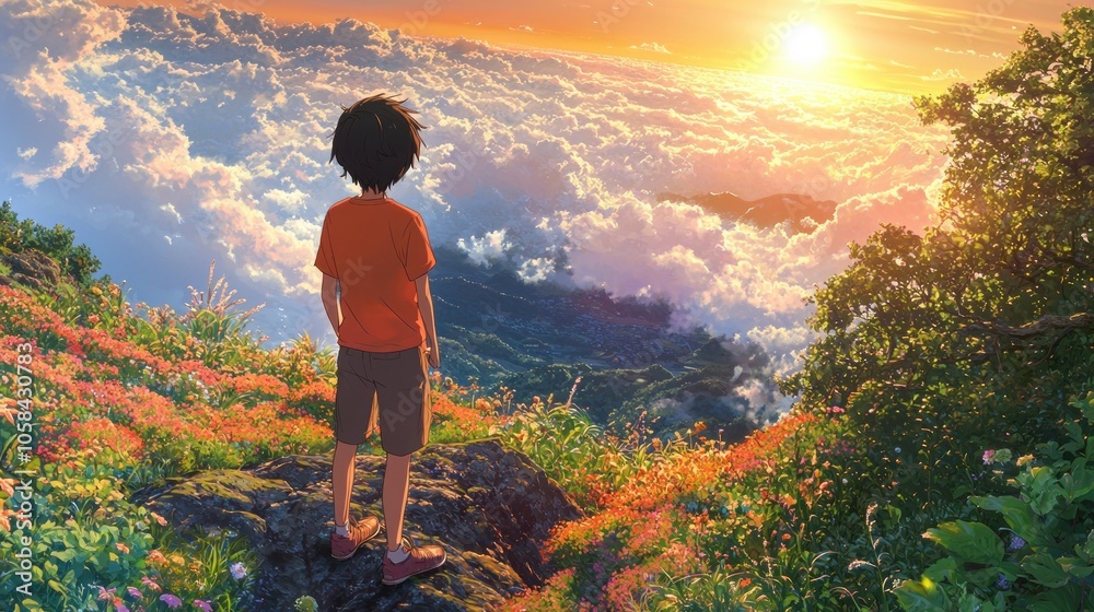 Obraz premium Young Boy Contemplating Sunset View