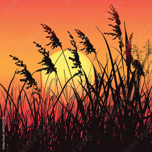 A silhouette of tall grass against the sunset. silhouette illustration