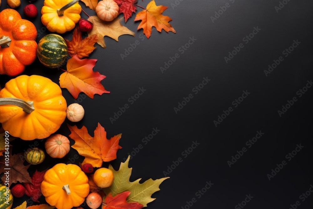 Fall Scene, Pumpkins and Leaves on Black Background
Fall Scene, Pumpkins and Leaves on Black Background