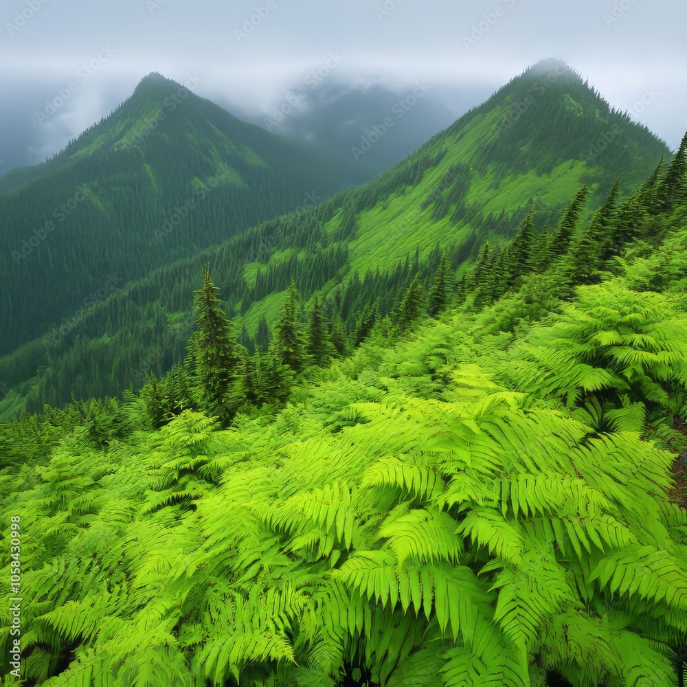 Fototapeta premium Lush green ferns cover a mountainside with misty peaks in the background.